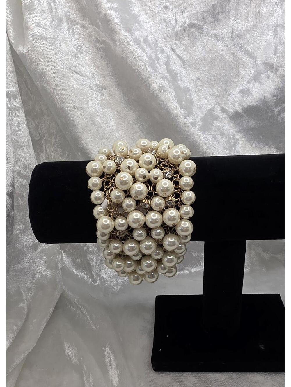 Vintage Faux Pearl Statement Bracelet Wide Chunky Pearl Cluster Magnetic Clasp